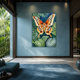 Luxury biophilic interior with oversized contemporary wall art on a blue feature wall, designed for boutique hotels, luxury residences and commercial interiors
