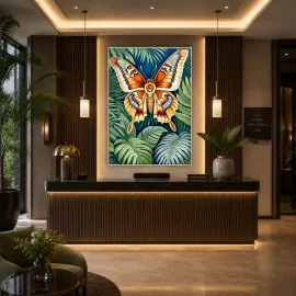 Luxury hotel reception featuring oversized statement wall art, premium hospitality interior design inspiration for architects and boutique hotel projects.