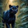 Black panther walking silently through tropical jungle
