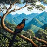 Tropical panoramic bird print featuring a Greater Coucal
