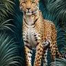 Wild leopard surrounded by jungle vegetation in a tropical forest landscape