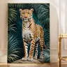 Tropical jungle leopard standing alert among palm leaves and forest shadows