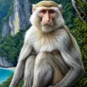 Crab-eating macaque perched on limestone cliffs overlooking the turquoise Andaman coast – Premium tropical wildlife wall art by TAMAJAD