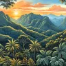 Golden rainforest mountain panorama