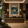 Luxury hotel reception featuring a contemporary square leopard artwork as an elegant focal point