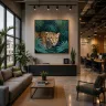 Leopard artwork displayed in a modern startup office with tropical design and collaborative workspace