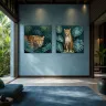 Contemporary leopard wall art with jungle leaves.