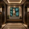 Elegant hotel elevator hall showcasing The Pause leopard wall art