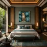 Luxury bedroom featuring The Pause XXL leopard artwork
