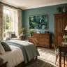   Toco Toucan Sanctuary tropical artwork above contemporary king bed
