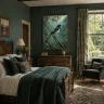 Elegant bedroom featuring the TAMAJAD “Oriental Magpie-Robin” tropical wildlife artwork displayed above a wooden dresser.