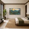 Modern bedroom featuring THE GOLDEN HOUR OF EDEN tropical landscape wall art