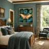 Contemporary teal bedroom showcasing the Silent Wings XXL artwork.