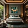 Balinese resort bedroom with Silent Wings XXL square wall art.