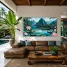 TAMAJAD Uncharted Eden panoramic wall art above leather sofa