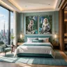     Luxury hotel suite showcasing the TAMAJAD Andaman Macaque Collection as two premium vertical artworks
