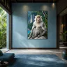 Luxury tropical hotel suite featuring the TAMAJAD “LORD OF LIMESTONE” macaque artwork displayed above a contemporary lounge area