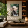 Luxury tropical living room featuring the RIVER-TITAN elephant artwork