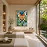 Museum-quality Atlas moth fine art print displayed in a luxury tropical spa treatment room with contemporary minimalist interior design