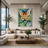 Luxury tropical living room featuring a large Atlas moth wall art print overlooking a private pool at sunset.