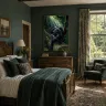 Premium Black Panther wall art showcased in an elegant heritage bedroom with deep green walls and classic wooden furnishings