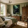 Black Panther rainforest artwork displayed in a refined rustic bedroom, adding warmth, character, and sophisticated wildlife décor.