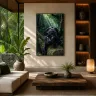Large Black Panther wall art transforming a modern tropical living room with cinematic rainforest depth and natural luxury.