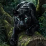 Black Panther watching silently beneath the rainforest canopy, luxury XXL printable wildlife artwork with emerald eyes.