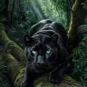 Black Panther resting on a moss-covered tree in a tropical rainforest, premium XXL wildlife wall art by TAMAJAD
