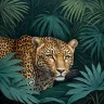 Tropical resort suite with a large square leopard artwork inspired by lush rainforest landscapes and refined hospitality