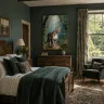 Clouded leopard rainforest wall art in a sophisticated dark bedroom, premium wildlife artwork for 