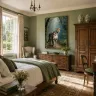 Clouded leopard artwork in an elegant traditional bedroom, tropical rainforest wildlife wall art