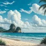 Tropical beach with turquoise sea, palm trees and limestone islands