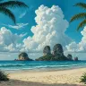 Panoramic Thailand coastal landscape with limestone islands, turquoise sea, towering palms and dramatic clouds.