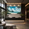 Tropical beach artwork above a modern hotel reception