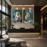 Luxury hotel reception featuring Curious Encounter Crab-Eating Macaque wall art by TAMAJAD