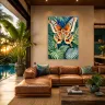 Luxury tropical living room featuring a large Atlas moth wall art print overlooking a private pool at sunset.