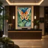 Premium Atlas moth fine art print displayed behind the concierge desk of a modern luxury hotel lobby