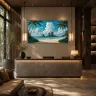 Luxury hotel reception featuring panoramic Thailand coastal landscape artwork above the concierge desk.