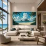 Executive office interior featuring panoramic Thailand coastal landscape artwork and luxury furnishings.