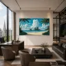 Contemporary living room featuring panoramic Thailand coastal landscape artwork in turquoise tones.