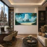 Luxury Moscow travel agency interior featuring a panoramic Thailand coastal landscape artwork.
