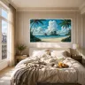 Sunlit luxury bedroom with breakfast tray and panoramic Thailand coastal landscape artwork.