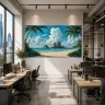 Modern London startup office featuring panoramic Thailand coastal landscape wall art.