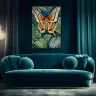 Atlas moth statement artwork above a designer blue velvet sofa in an elegant contemporary living room